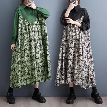 תוספת נשים מידות גדולות ארוך שמלת החולצה 2023 חדש סתיו קוריאנית חופשי הדפסה משולבים אופנה מזדמן להתלבש בנות בגדים Z2450