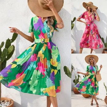 נשים בוהו שמלת מקסי פרחונית גיאומטריות מודפס חופשת הקיץ שמלת צוואר V קולאז ' שרוך חופשי Vestidos Bobe 6982