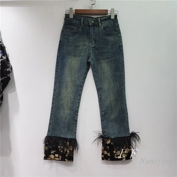 2023 סתיו ניו ג 'ינס מכנסיים תפרים סאטן Flanging נוצה ציצית גבוהה המותניים הרזיה למתוח קצוץ ג' ינס ישר מכנסיים