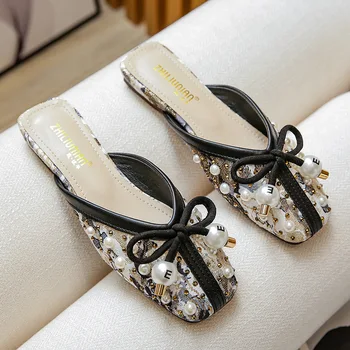 Baotou נעלי נשים אופנה פרפר-קשר מחוץ שטוח נעלי נשים בוהן מרובע בלינג מחרוזת חרוזים רדוד פרדות נעלי נשים
