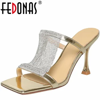 FEDONAS 2023 סופר עקבים גבוהים נשים נעלי קיץ עור אמיתי האופנה ריינסטון מסיבת חתונה נשף משאבות נעלי אישה סקסית