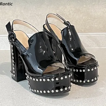 Rontic חדש אופנה נשים פלטפורמת סנדלים משובץ עקבים עבים בוהן מרובע אלגנטי שחור מועדון לילה נעליים אותנו בתוספת גודל 5-15