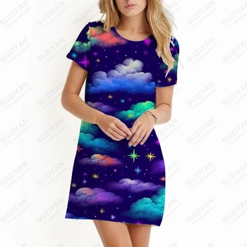Cloud Print 3D להתלבש רחוב מזדמנים עם שרוולים קצרים שמלת קיץ באיכות גבוהה שמלה נשית לנשימה נוחה שמלה