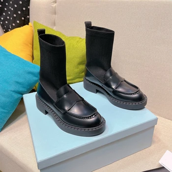 חדש נעלי נשים עור אמיתי גרב מגפיים לרפואה העקבים מגפי קרסול שטוח פלטפורמת נעלי מעצבים בסגנון בריטי Zapatillas Mujer