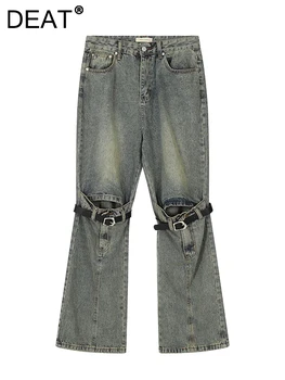 DEAT נשים ג ' ינס גבוהה המותניים שבורים חורים פו חגורת באורך מלא ישר רחב רגל סרבל מכנסיים 2023 סתיו אופנה חדשה 29L3500