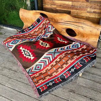 קמפינג שמיכה עם ציציות אתני סגנון בוהמי חיצונית אוהל שמיכת פיקניק מקורה ספת מיטה, ספה מצויץ תנומה שמיכה