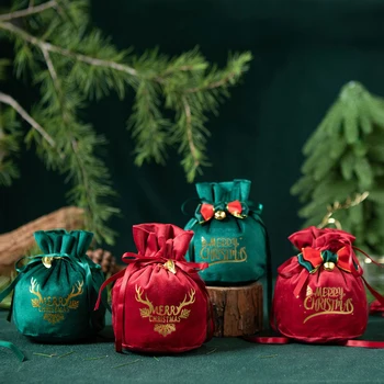 סנטה שקי בד מתנה שקית ממתקים תיק ידית עץ חג המולד קישוטים הביתה השולחן השנה החדשה 2024 אדום נואל חג המולד מתנות