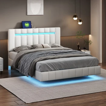 קווין סייז צף מסגרת מיטה עם נורות LED ו-USB לטעינה,מודרני מרופדים פלטפורמה LED מסגרת המיטה,לבן