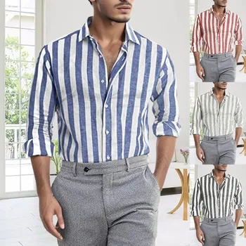 2023 חדש לגברים, עם שרוולים ארוכים כחול עם פסים מודפסים חולצה חברתית יוקרה אביב במשרד השמלה חולצות הוואי אלגנטי קלאסי הזכר העליון
