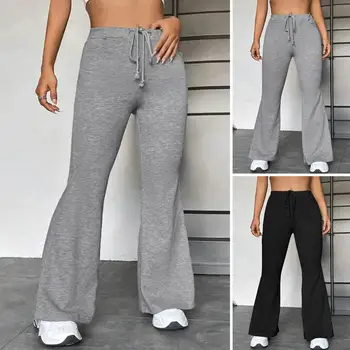 נשים מכנסיים מכנסי שרוך אלסטי המותניים כיסים מלאים אורך צמודות ספורט כושר יוגה מכנסיים ארוכים