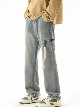 גברים אביב סתיו בציר אופנה ג ' ינס רופף ישר המכנסיים בכיס מזויף רוכסן מכנסיים מזדמנים