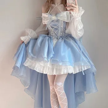 צרפתי בסגנון רומנטי שמלה לוליטה אלגנטי בחורה Cosplay הנסיכה פאף שרוול סרט Bowknot פרח טוניקה רשת פיות להתלבש