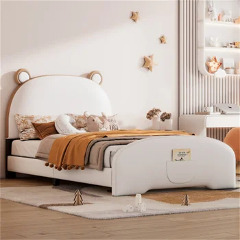 מרופדים פלטפורמה לישון עם דוב בצורת ראש המיטה מדרך לכיוון לבן+חום קל להרכבה, עמיד חסון רהיטים לחדר שינה