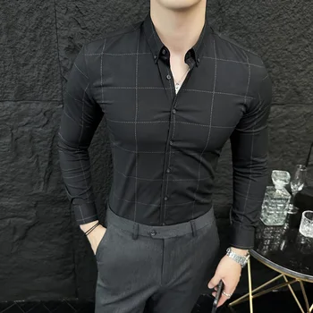 בסגנון בריטי אופנה שרוול ארוך חולצת משבצות לגברים ביגוד 2023 עסקים מקרית Slim Fit ללבוש רשמי במשרד חברתית חולצות