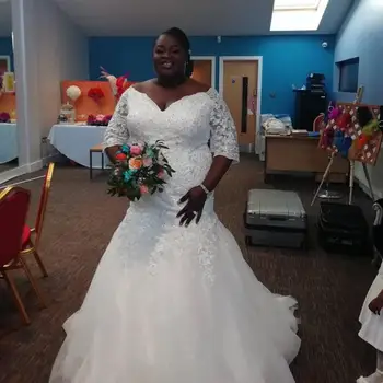 Vestidos דה נוביה תחרה בתוספת גודל אפריקה בתולת ים שמלות חצי שרוול שנהב אמיתי התמונות אפליקציה שמלות כלה לחתונה