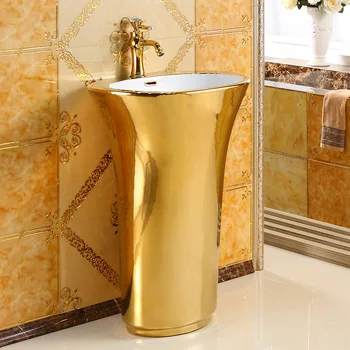 סגנון אירופאי טור אגן משולב כיור מלון הטור כיור קרמיקה זהב טור אגן רצפת אגן