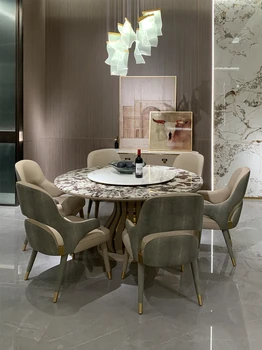 איטלקי אור יוקרה שולחן עגול משק בית שיש שולחן עם פטיפון high-end אוכל עץ מלא, שולחן, כיסא משולב