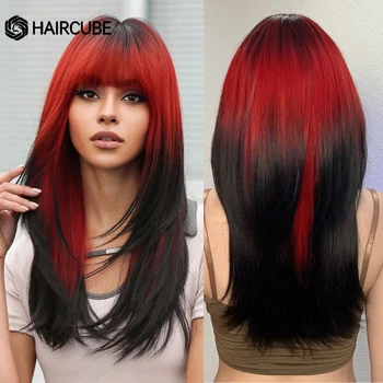 HAIRCUBE Ombre שחור סינטטי פאות עם אדום פוני ארוך ישר שכבות שיער הפאה עבור נשים קוספליי ליל כל הקדושים עמיד בפני חום הפאה