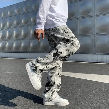 Mens אופנה ג 'ינס מודפס אביב 2023 שוטפים מכנסי ג' ינס בסגנון קוריאני רחוב משוחרר היפ הופ רחב הרגל מכנס ג ' ינס