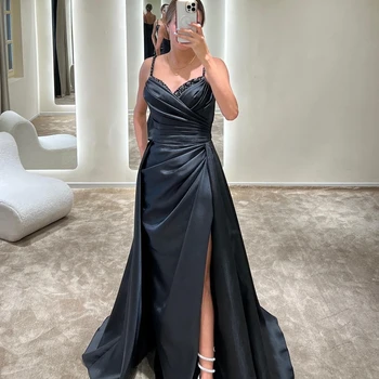 אגדה V-צוואר שמלות לנשף באורך רצפת מסיבת חתונה קמטים קו גבוה המזלג שחור גרייס נשים חשופת גב רוכסן 2023