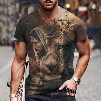 בציר חולצה לגברים אלוהים אריה הדפסת 3d קיץ, שרוול קצר חולצות מנופחים חולצה בגדי גברים או הצוואר סוודר אופנת רחוב
