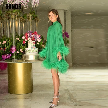 SONDR רויאל סאטן ירוק נוצות נשף מסיבת שמלה ארוך שרוולים קצרים קו רשמי אירוע ליל שמלות ערב שמלות Vestidos