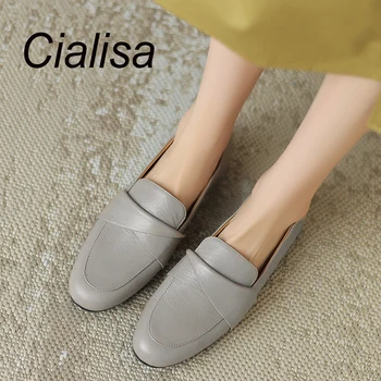 Cialisa תמציתי נשים מוקסינים 2023 סתיו אמיתי חדש נעלי עור עגול הבוהן נוח Falts בעבודת יד מזדמנים גברת נעליים אפור