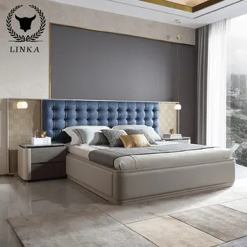 אור יוקרה high-end עץ מלא מיטה זוגית חדר שינה פשוט עור המיטה מסך רחב מיטת הכלולות ריהוט מודרני C5 מוצר חדש