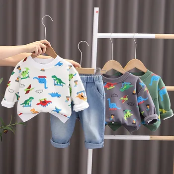 2023 פעוט, תינוק סתיו חורף תלבושת קריקטורה דינוזאור תבנית שרוול ארוך חולצות ג ' ינס מכנסיים היילוד בגדים להגדיר 2pcs