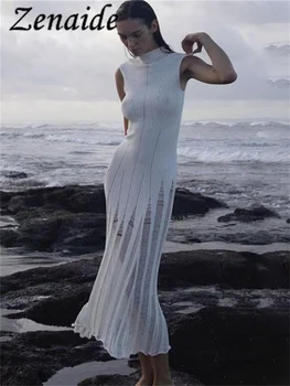 Zenaide הקיץ לסרוג שמלת מקסי גבוהה המותניים חלול החוצה ללא שרוולים סקסיים אופנה צווארון גולף אלגנטי לנשים שמלות חופשה על החוף