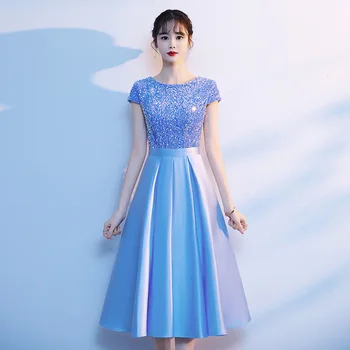2023 חדש שמלת ערב שרוול קצר Shinning נצנצים אירועים שמלות O-צוואר באורך הברך שמלת שושבינה Vestido De לפסטה