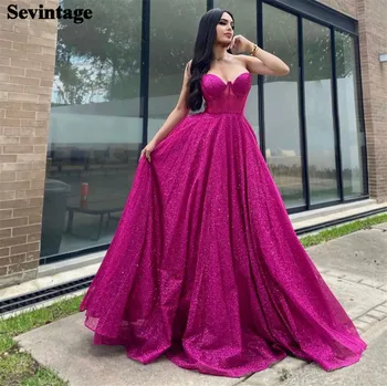 Sevintage Fuchia הסעודית ערבית נוצץ שמלות ערב סטרפלס באורך רצפת רשמית נשים שמלות לנשף שמלות אירוע מיוחד 2023