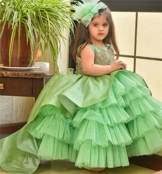 פרח שמלת ילדה ירוק ורך שכבות טול תחרה אפליקציה חתונה אלגנטית פרח הילד הראשון של סעודת האדון שמלת מסיבת יום הולדת
