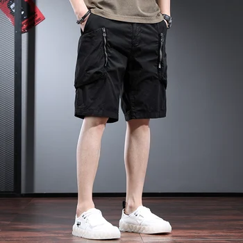 בקיץ כותנה שחור מזדמנים מכנסיים קצרים גברים אופנה טקטי גדול כיסי מטען במכנסיים קצרים.