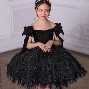 נוצה שחורה פעוטות פרח ילדה שמלות מפוארות יום הולדת מחוץ כתף תחפושות צילום חתונה שמלת מותאמים אישית