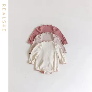 ילדה מתוקה סרבל תינוק חדש ילדה סתיו רומפר מוצק עם פסים סרוגים רומפר שמלת כותנה רכה בגד עבור בנות 0-2T