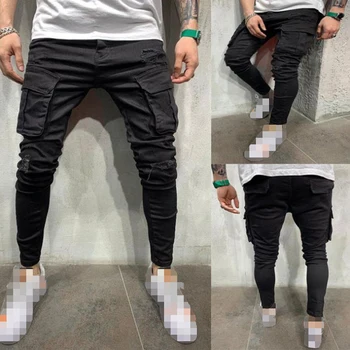 שחור ג 'ינס קרועים גברים למתוח Slim Fit Y2k מכנסיים בציר במצוקה הבלוי סקיני ג' ינס Homme מזדמנים גדול בכיס מכנסי ג ' ינס