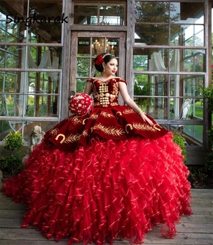 אדום קרו מקסיקני הנסיכה הטקס שמלות יוקרה מתוק 16 להתלבש בשכבות לפרוע קריסטל רקמה Vestidos דה-15 שנים