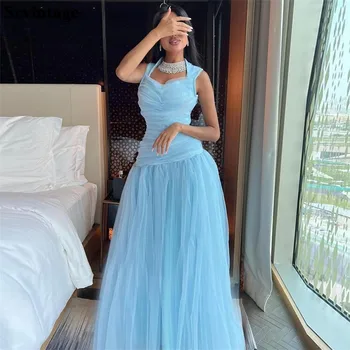 Sevintage שמיים כחולים הסעודית ערבית טול שמלות נשף שרוולים קצרים קו החצאית תה באורך רשמית נשים שמלת מסיבת תלבושות 2023