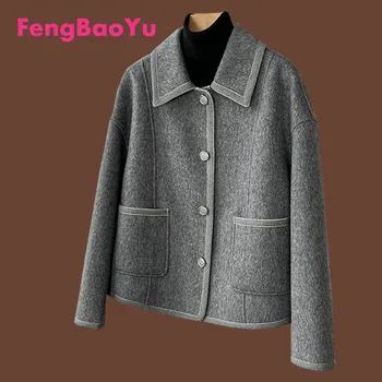 Fengbaoyu הסתיו-חורף החדשה של נשים דו צדדי קשמיר מעיל קצר קוריאה סביב הצוואר חולצה 100% צמר טהור אורז לבן מעיל