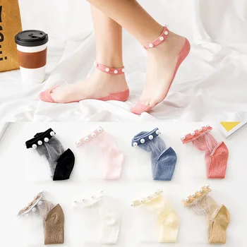 נשים קיץ רשת פנינה גרביים לקיץ דק שקוף אופנה סיבי זכוכית דייזי הקרסול קצר סקסי תחרה, משי גרביים