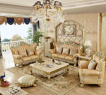 הרהיטים בסלון האירופי קומה ראשונה ספת עור וילה פרה ספה אור יוקרה זהב שמפניה רהיטים מעץ מלא
