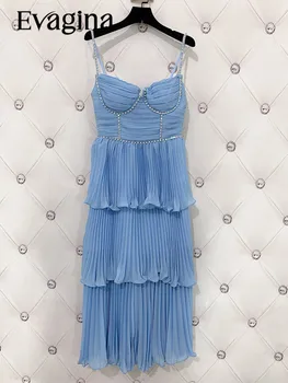Evagina הקיץ פוליאסטר אופנה טמפרמנט יהלום סט אור יוקרה סקסי עם קפלים סלים כחול כתפיות השמלה
