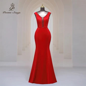 סקסי אדום עמוק V צוואר חרוזים שחורים ערב שמלות מפלגה שמלות אורחים חתונה שמלות לנשים שושבינה dresse שמלת מקסי