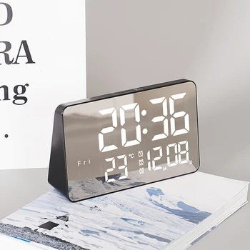 המראה LED שעון מעורר דיגיטלי אלקטרוני שעון שליטה קולית מצב לילה ליד המיטה שולחן שעון עם טמפרטורה תאריך שבוע תצוגה