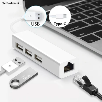 10/100Mbps USB 2.0 Wired USB Typc C כדי Rj45 Lan מתאם Ethernet כרטיס רשת יציאה 3 רכזת ה-USB על מחשב Macbook Windows 10 הנייד