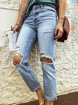 פאנק קרע קרע ג 'ינס ג' ינס בנות אופנה באורך קרסול ג ' ינס נשים קרוע slim fit מכנסיים תלמיד גבוהה המותניים רגל ישרה