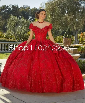 אדום נוצץ פרפר מחשוף הטקס השמלות כתף תחרה למעלה המחוך Gillter פאייטים Vestido de 15 יום הולדתה oferta