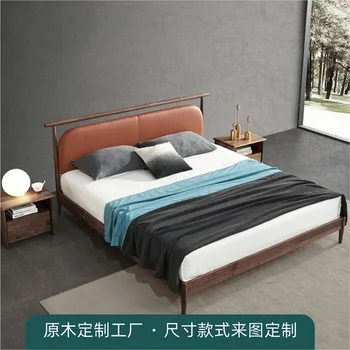 מודרני ומינימליסטי נורדי אלון מעץ מלא יפני שחור אגוז homestay החתונה מיטה מיטה זוגית