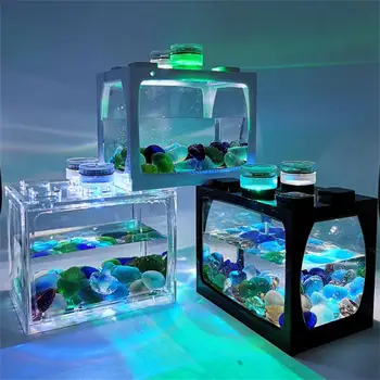 חדש קטן אקווריום עם שבעה צבע LED שולחן עבודה יצירתית מיקרו נוף אקולוגי טנק DIY מיני דגים טרופיים באקווריום